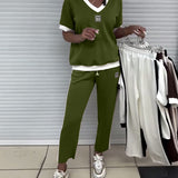 Costume Décontracté Col En V Couleur Contrastée Sport