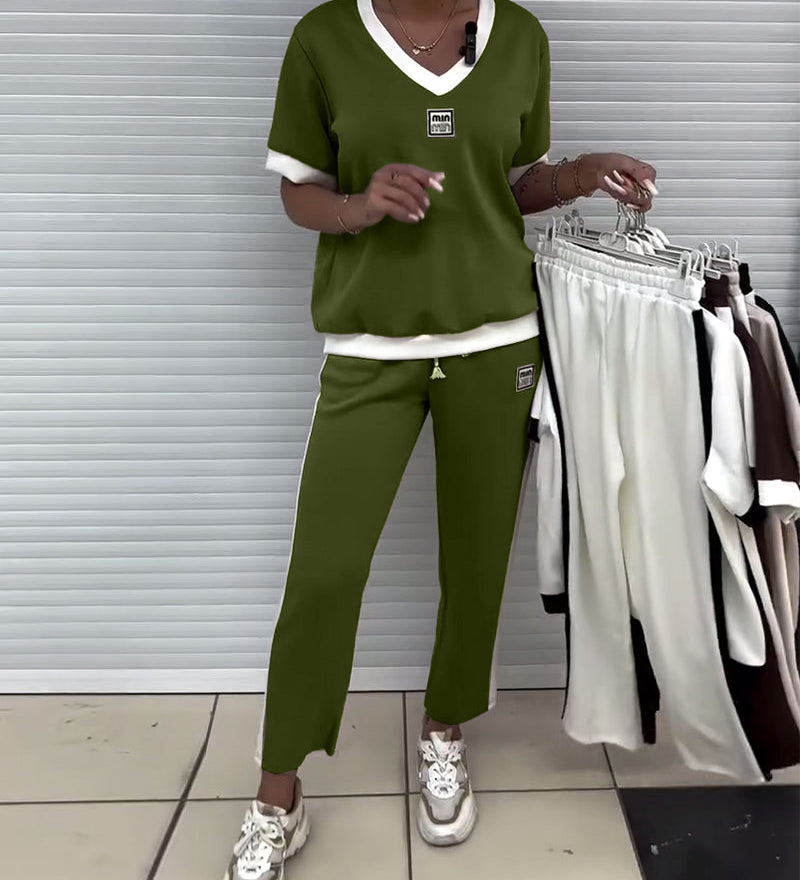 Costume Décontracté Col En V Couleur Contrastée Sport