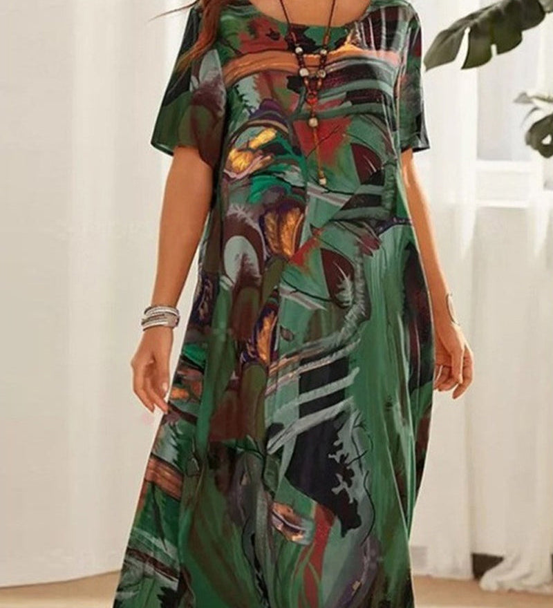Robe droite à col rond et imprimé géométrique