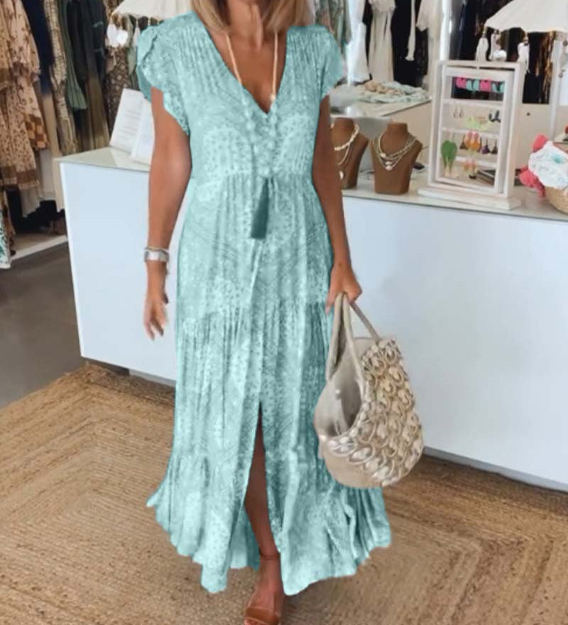Robe à manches fendues et col en V imprimé vacances