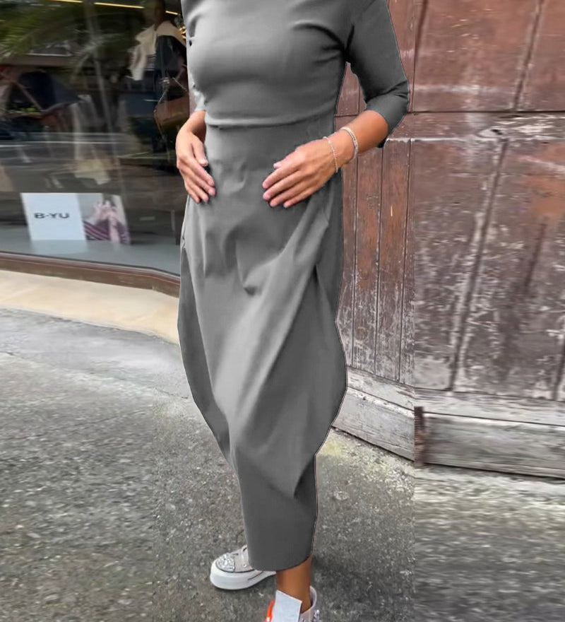 Robe élégante simple à manches longues avec poche de couleur unie