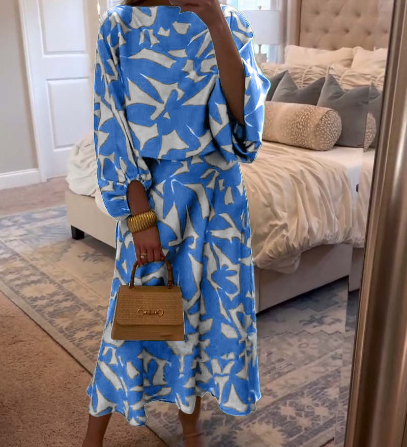 Ensemble Robe Décontractée Imprimé Manches Lanterne Tempérament