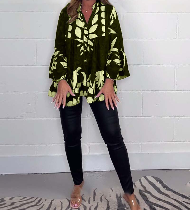 Blouse imprimée à manches cloche et boutons