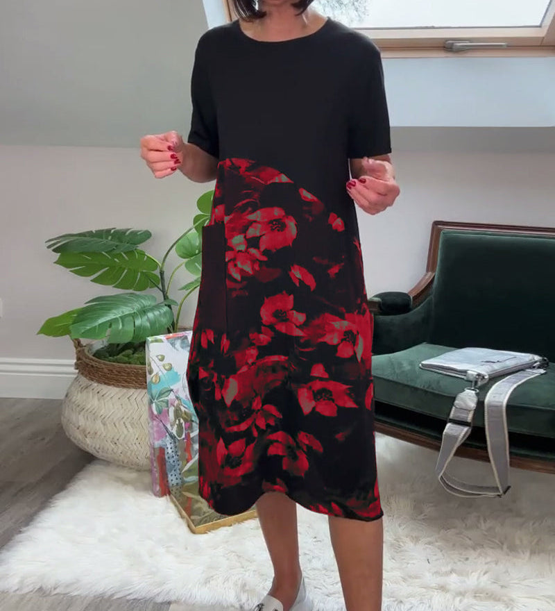 Robe patchwork décontractée à imprimé floral et col rond