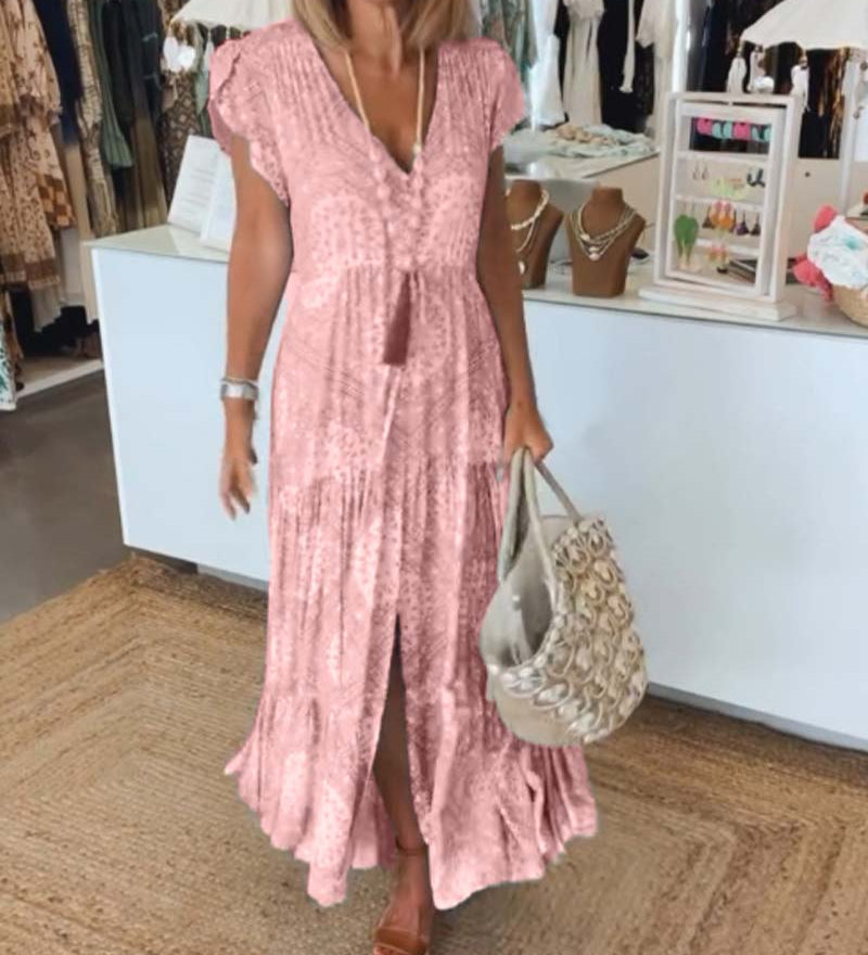 Robe à manches fendues et col en V imprimé vacances