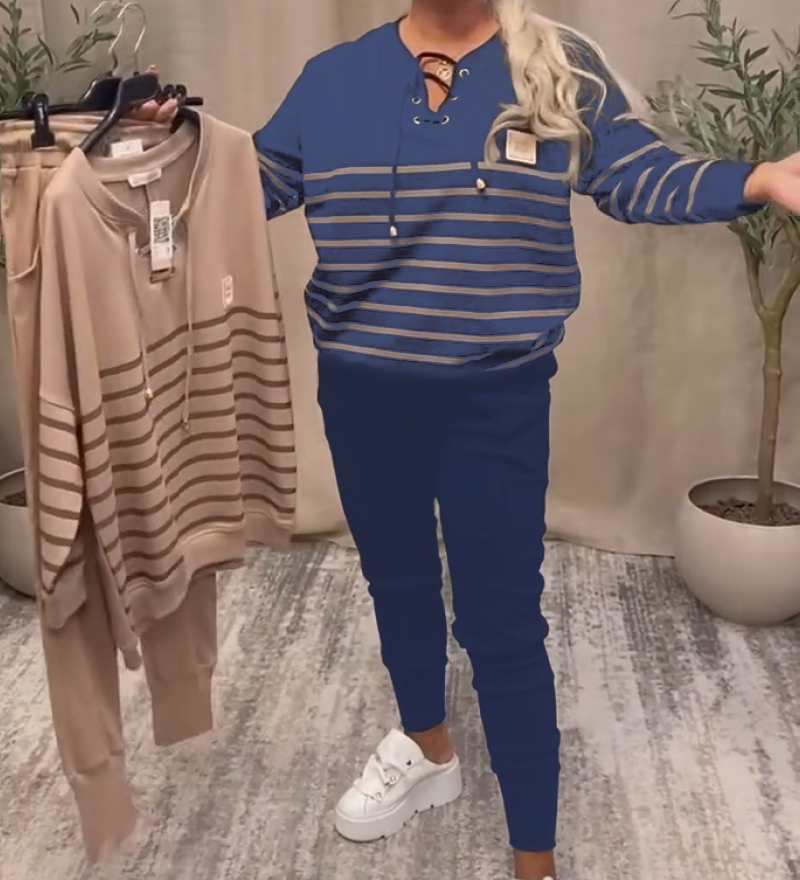 Ensemble Deux Pièces Décontracté Pantalon De Sport Rayé À La Cheville
