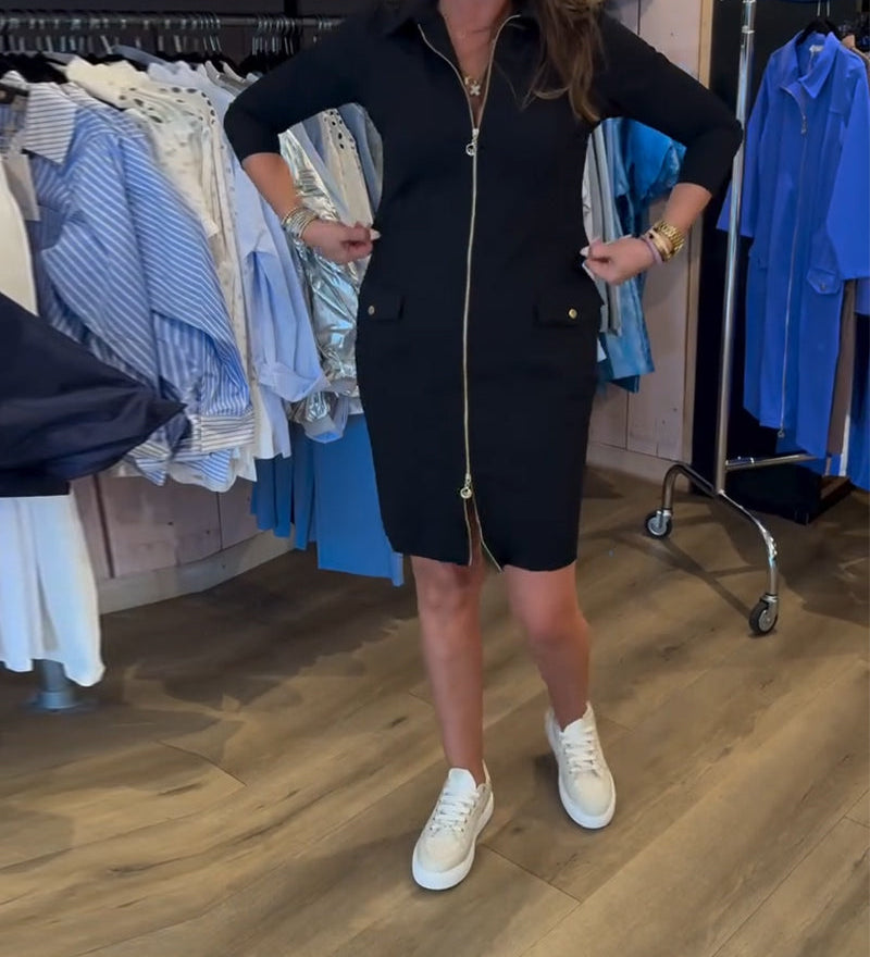 Robe Col Unie Fermeture Éclair Manches Longues