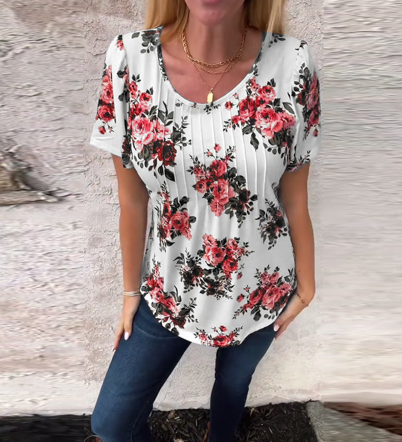 T-Shirt À Col Rond Imprimé Floral Plissé