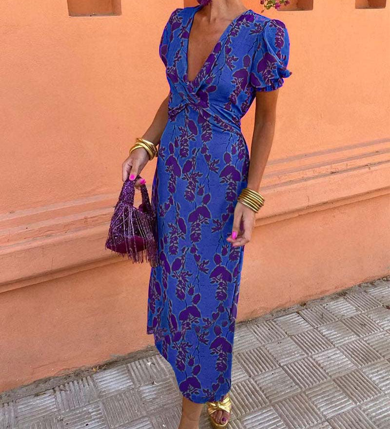 Robe midi imprimé floral à col V