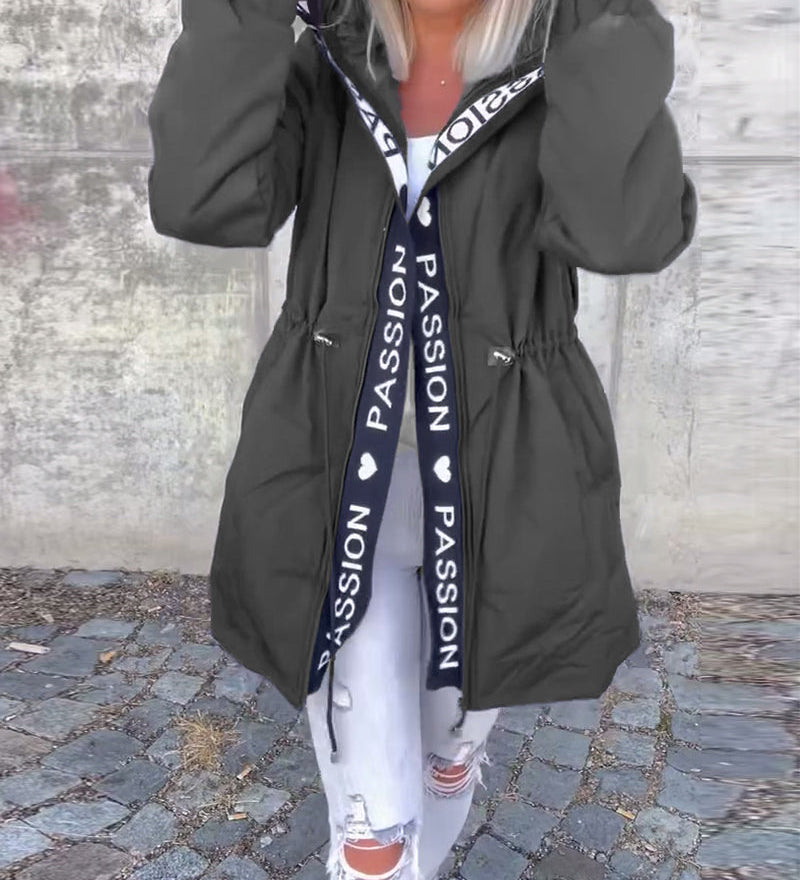 Manteau à capuche décontracté avec cordon de serrage et imprimé lettre