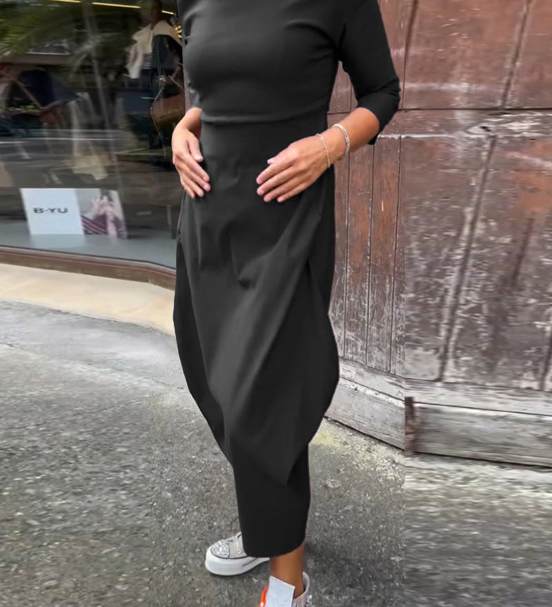 Robe élégante simple à manches longues avec poche de couleur unie