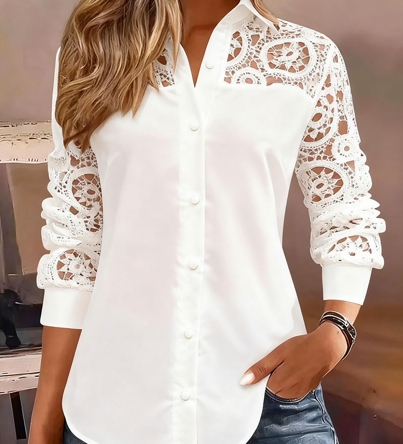 Blouse Couleur Unie Revers Dentelle Patchwork