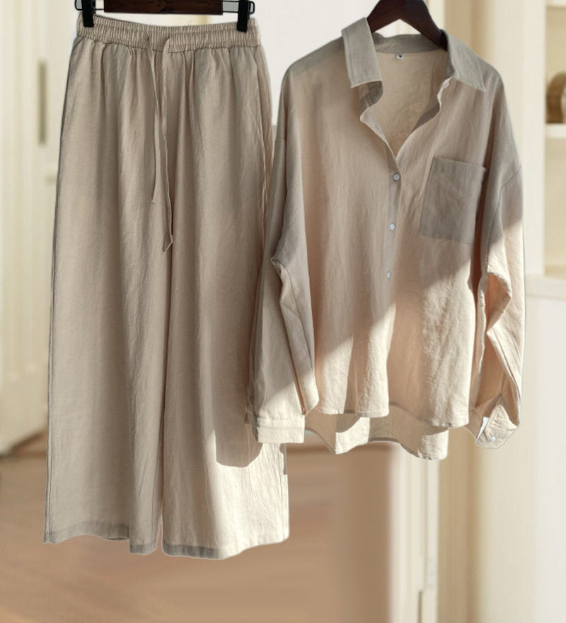 Ensemble deux pièces avec pantalon chemise de couleur unie