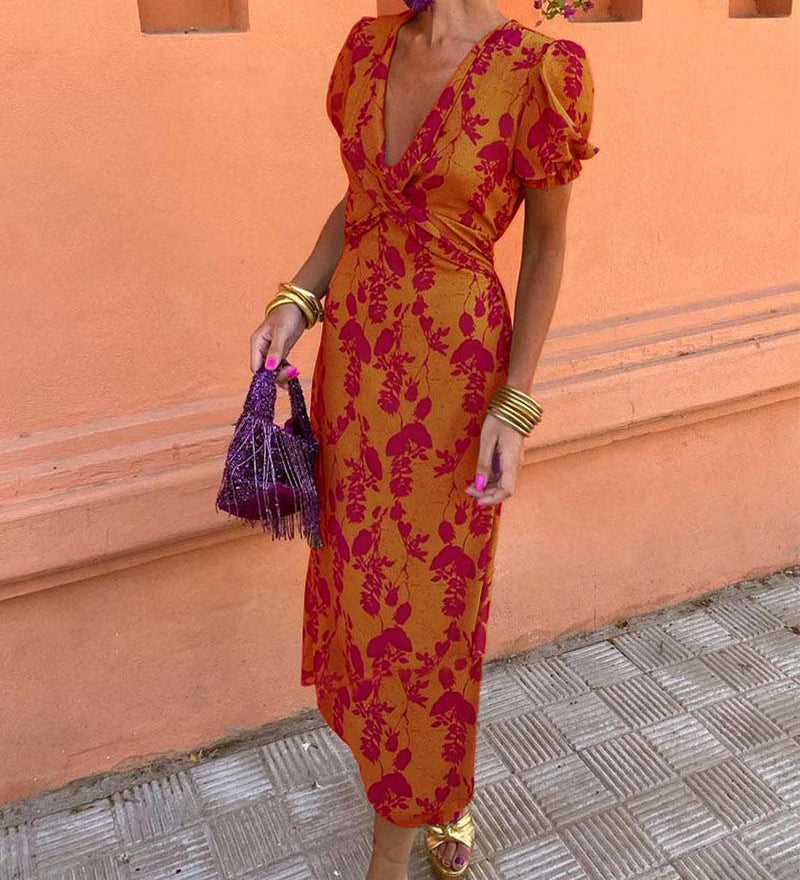 Robe midi imprimé floral à col V