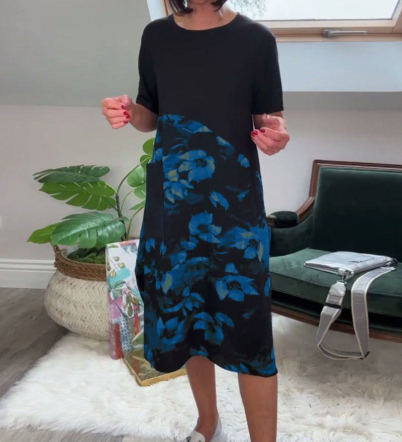 Robe patchwork décontractée à imprimé floral et col rond