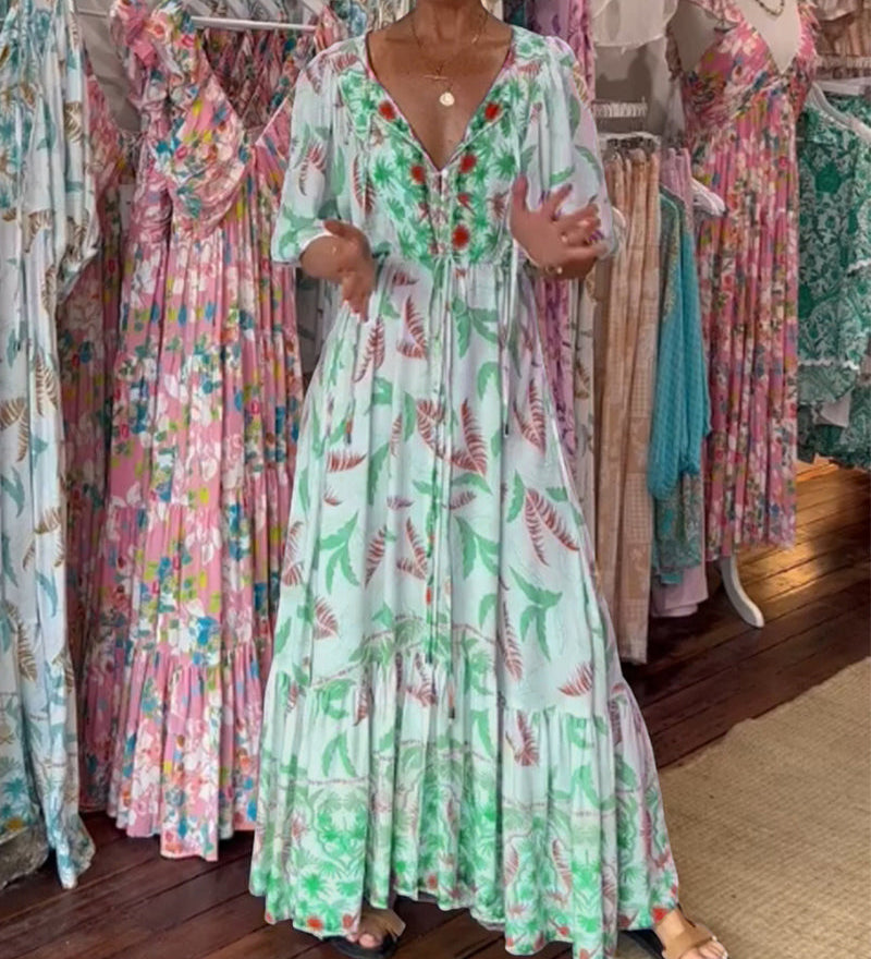 Robe longue femme col V imprimé feuilles
