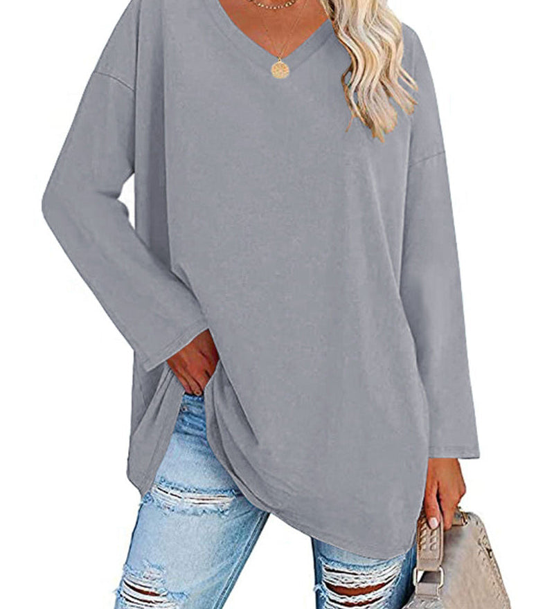 T-shirt femme uni col V manches longues