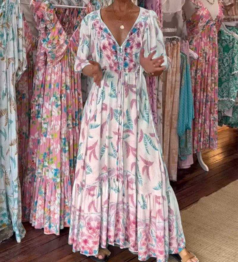 Robe longue femme col V imprimé feuilles