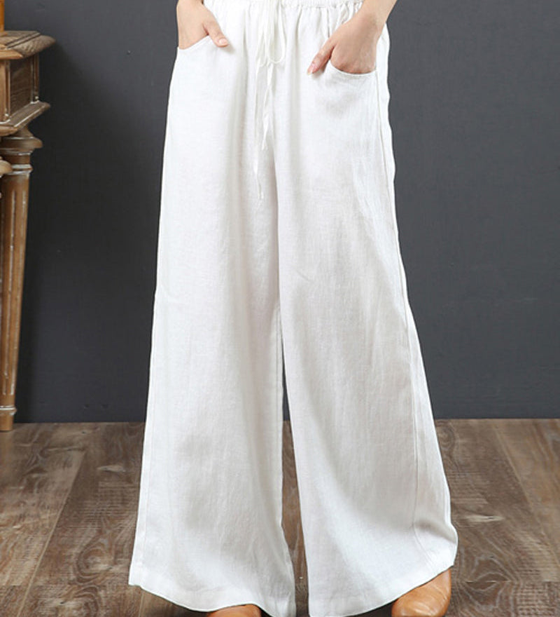 Pantalon large taille haute de couleur unie