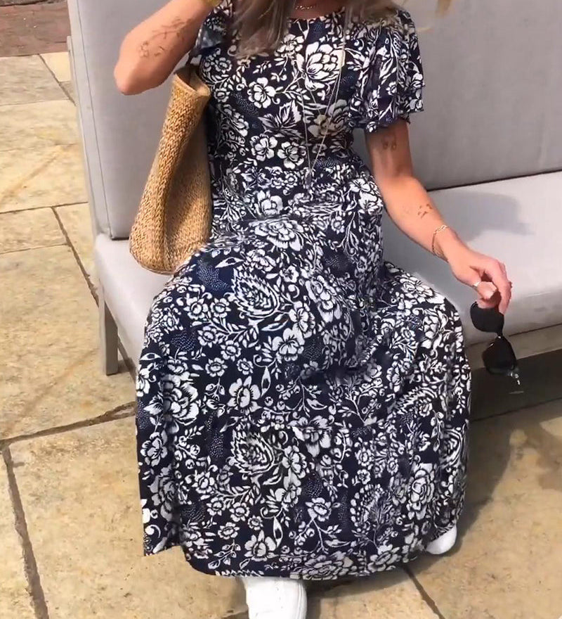 Robe longue à manches courtes imprimée de fleurs