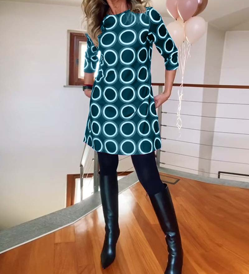 Robe décontractée à col rond et imprimé cercles