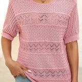 Pull À Manches Courtes En Maille Crochetée Ajourée Et Col Rond Pour Femmes