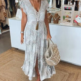 Robe à manches fendues et col en V imprimé vacances