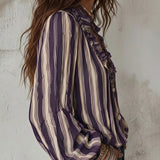 Blouse Profond Col V Rayures Verticales Loose