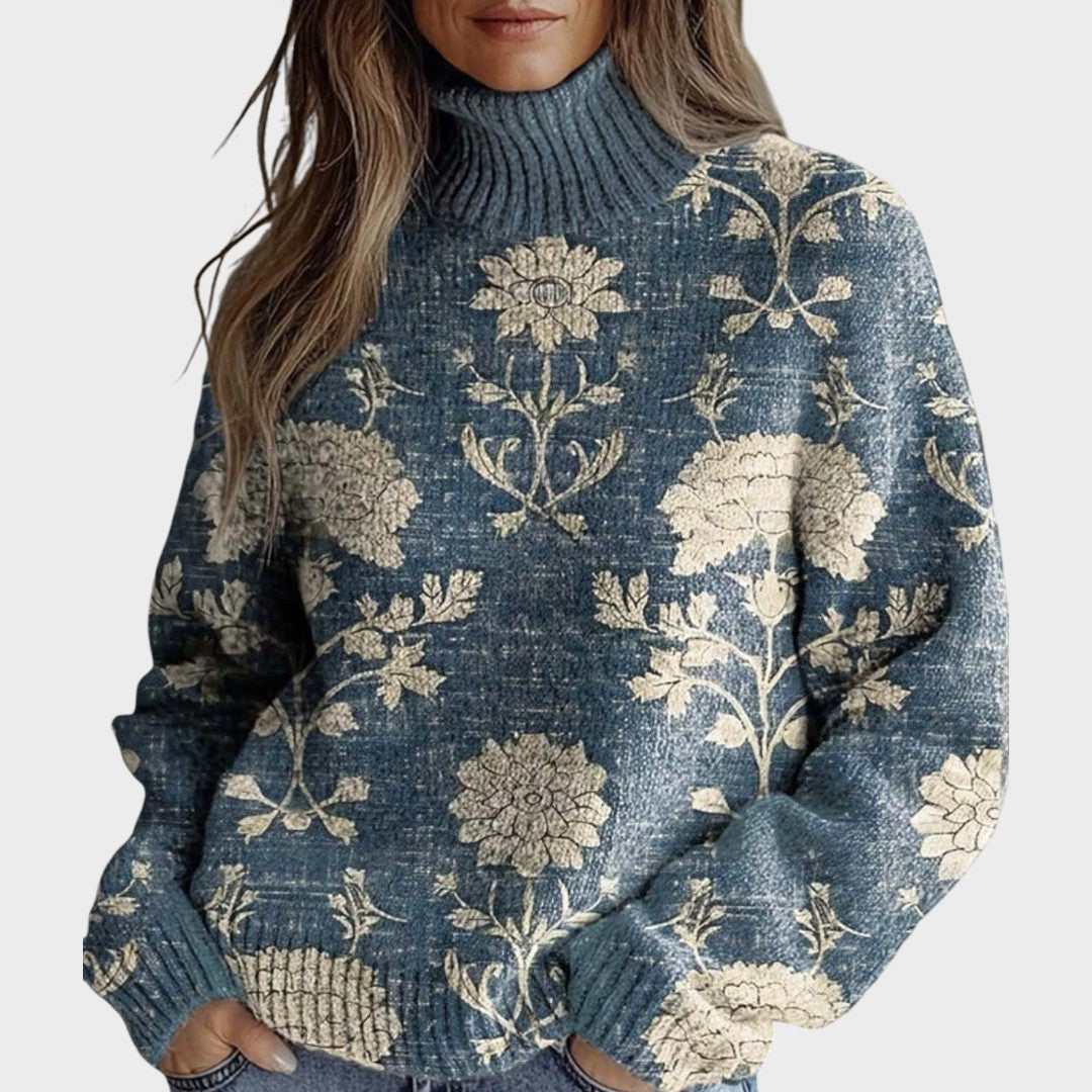 Pull col roulé bleu à fleurs crème — Élise, LucieSaint-Tropez