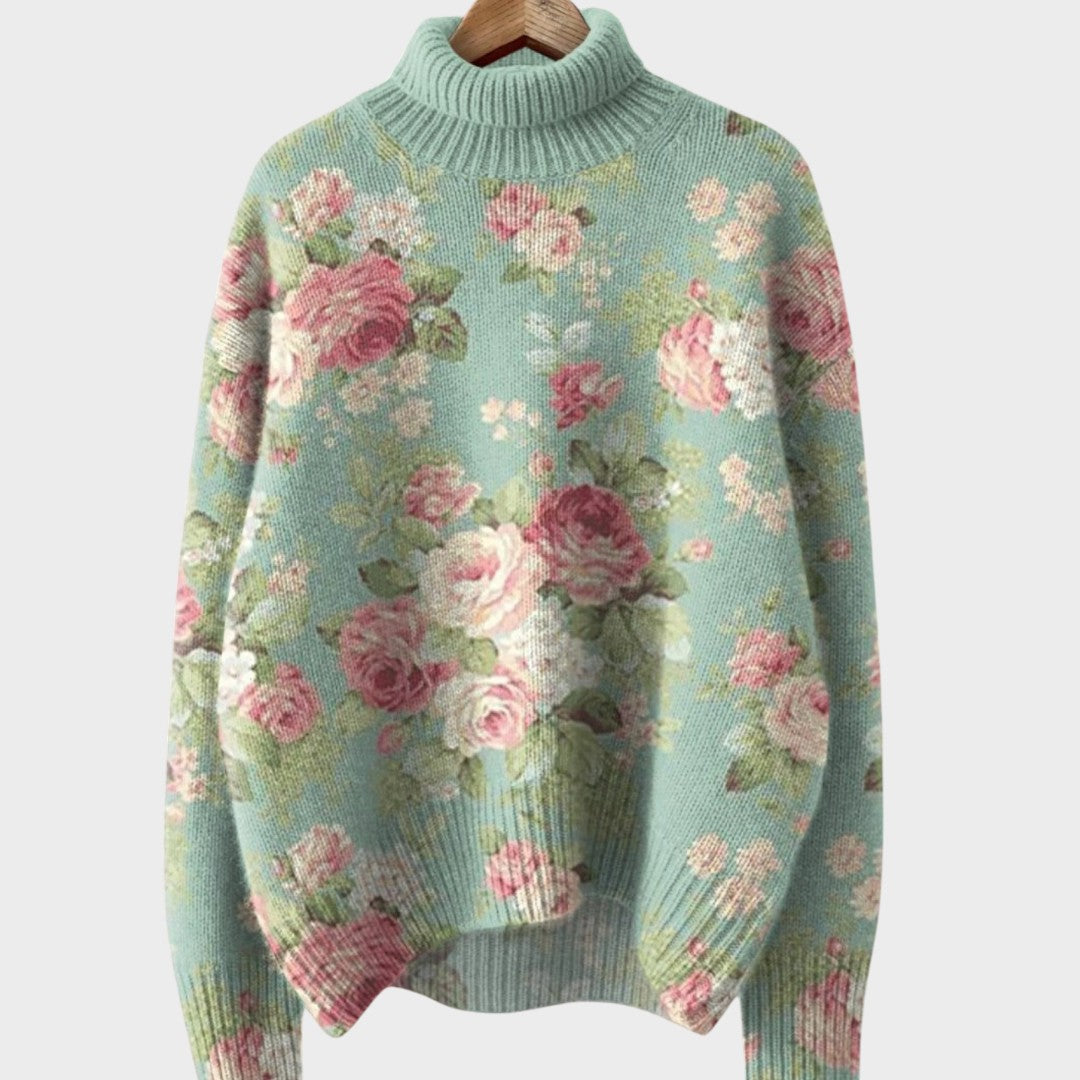 Pull col roulé vert d'eau à roses — Sophie, LucieSaint-Tropez