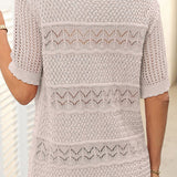 Pull À Manches Courtes En Maille Crochetée Ajourée Et Col Rond Pour Femmes