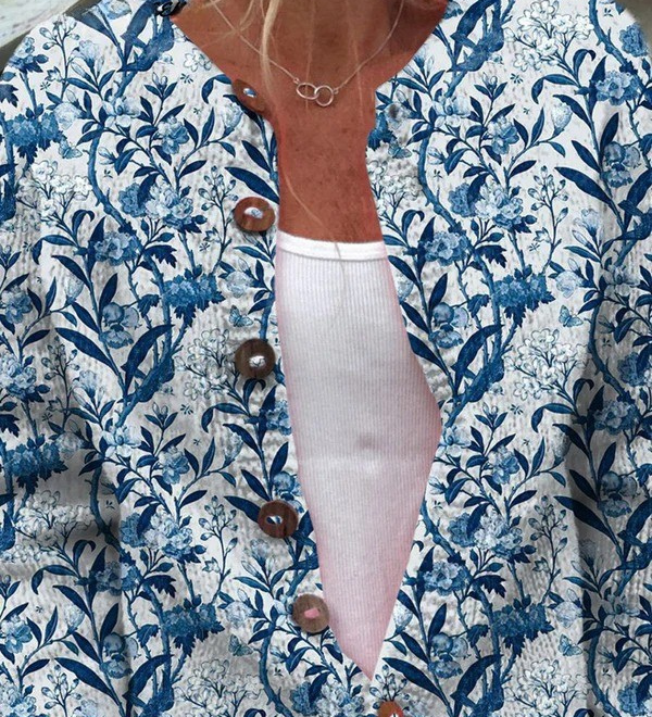Cardigan boutonné blanc à feuillages bleu marine — Lucienne, LucieSaint-Tropez (vue 2)