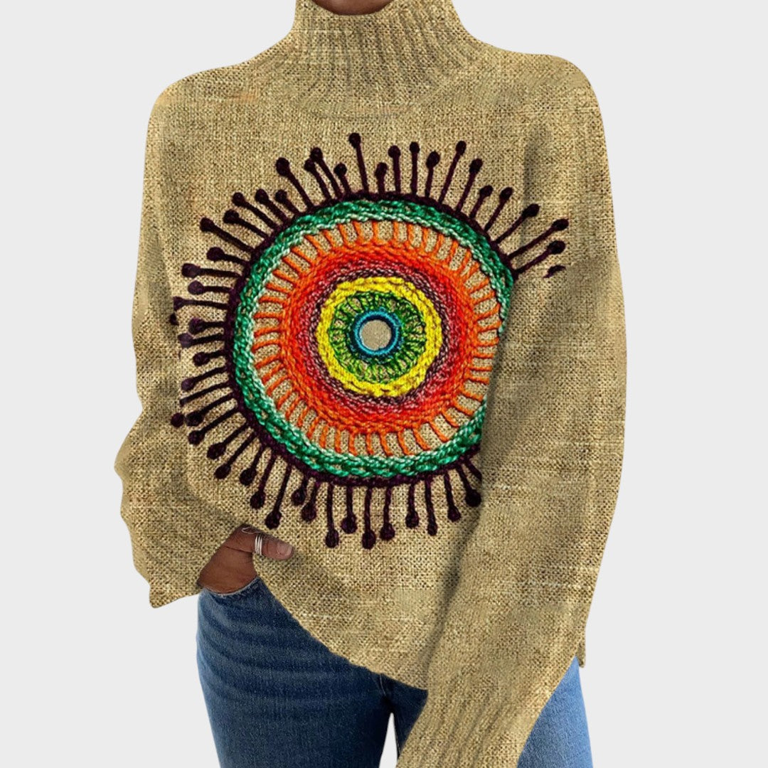 Pull col roulé beige à mandala arc-en-ciel — Victoire, LucieSaint-Tropez