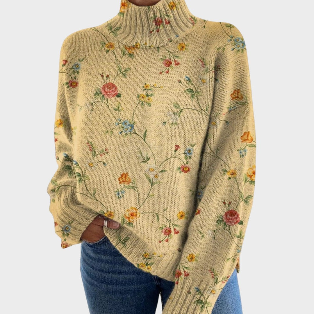 Pull col roulé beige à fleurs des champs — Agathe, LucieSaint-Tropez