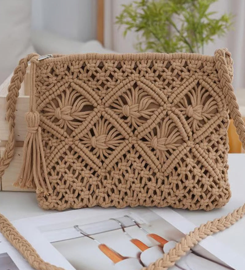 🏆Vente Flash⚡Pochette Minimaliste à Gland pour Femme – Sac Rétro en Corde de Coton Tressée Style Bohème pour Vacances d'Été à la Plage