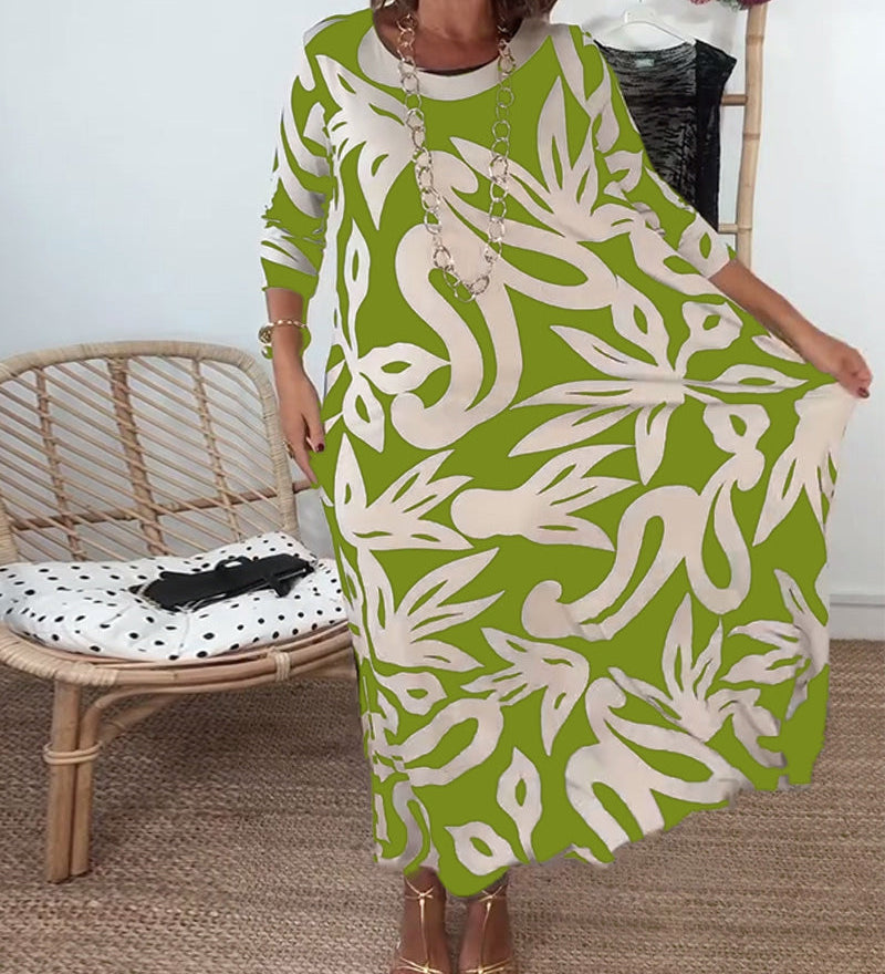 Robe À Col Rond Et Manches Longues Imprimée