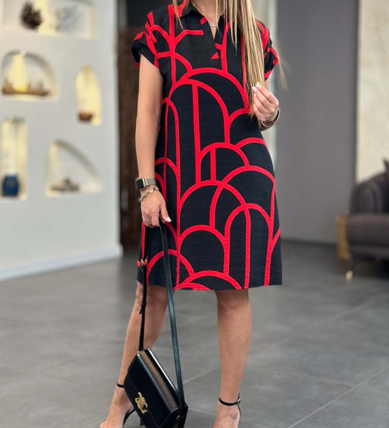 Robe midi imprimée à manches courtes et ligne de revers