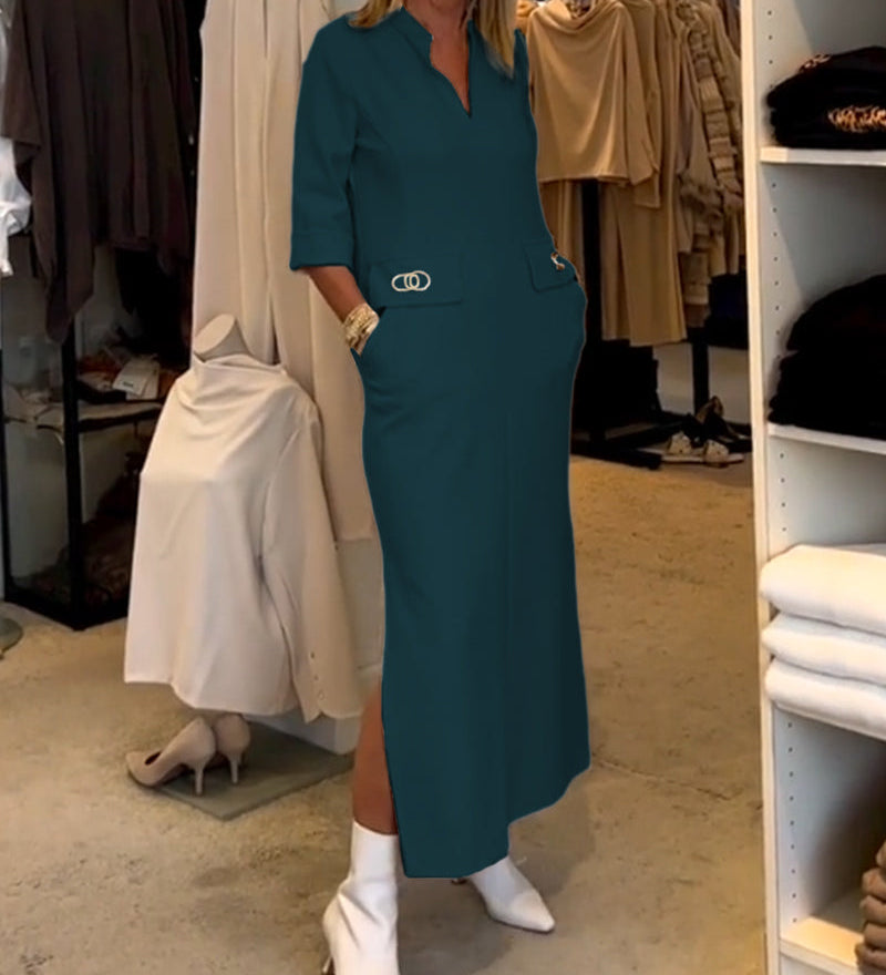 Robe fendue à manches 3/4 de couleur unie