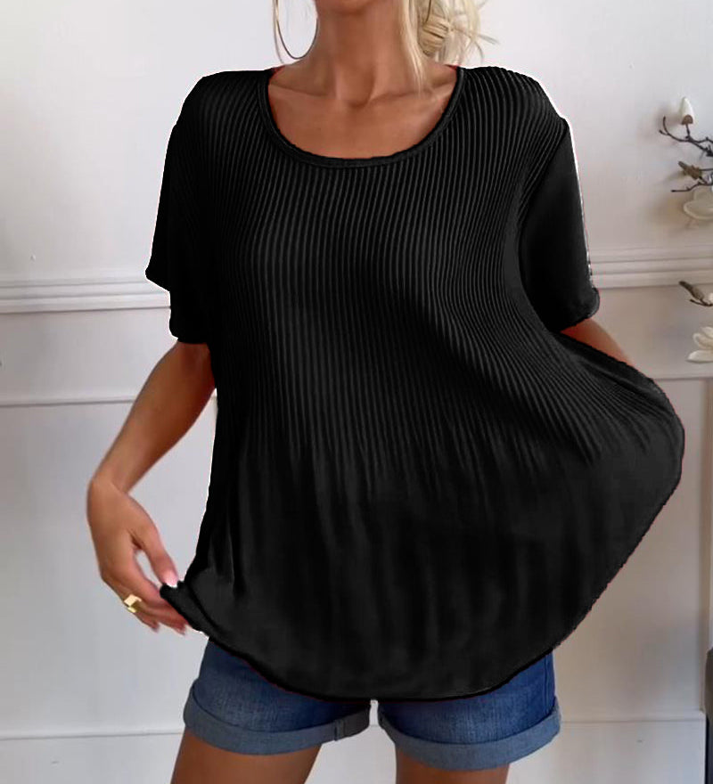 Blouse plissée col rond uni