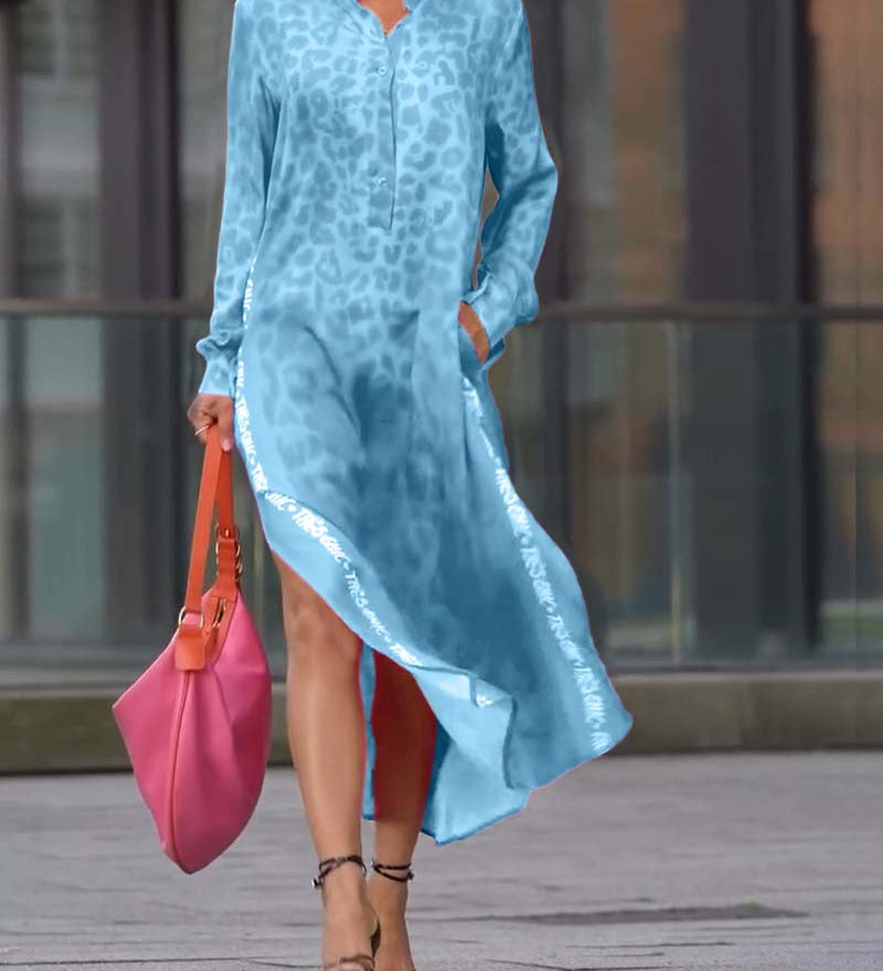 Robe Manches Longues Imprimé Léopard Fente