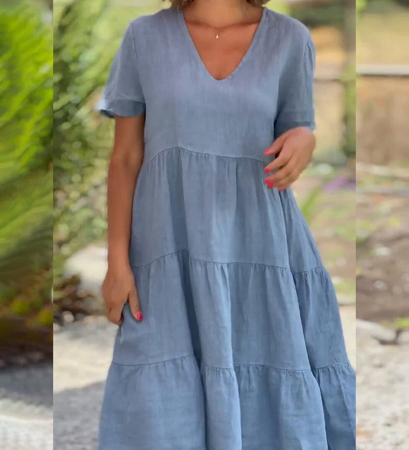 Robe en coton lin avec col en V de couleur unie