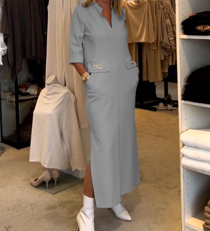 Robe fendue à manches 3/4 de couleur unie