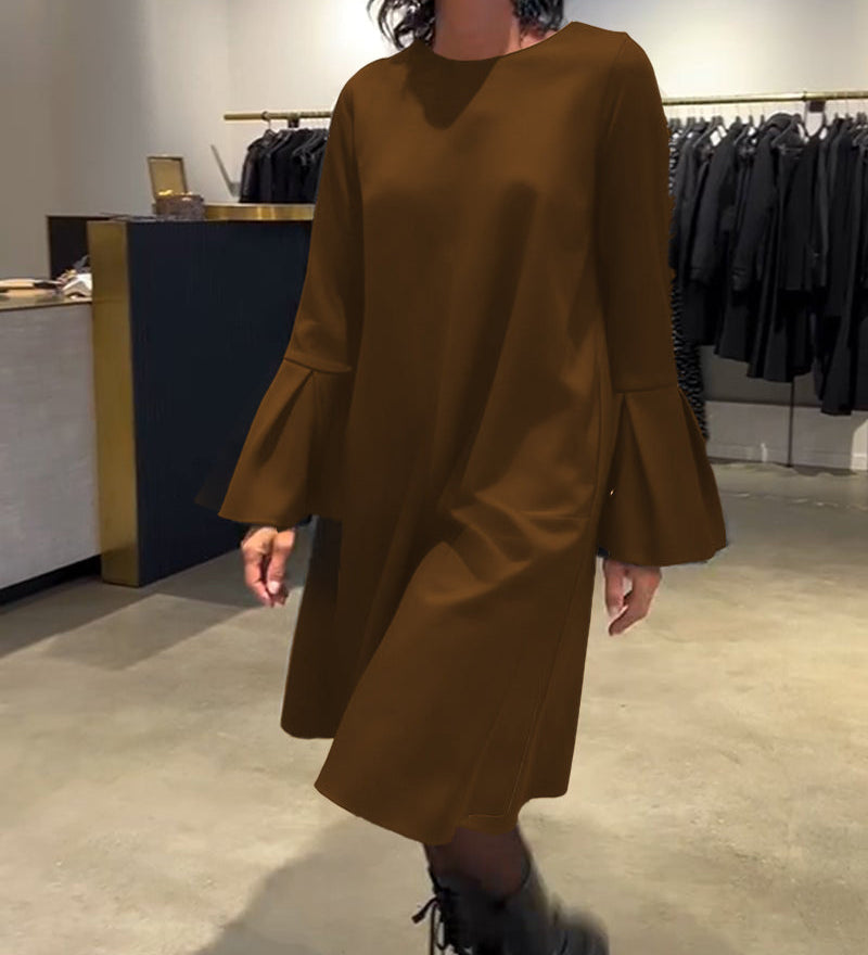 Robe Uni Manche Évasée Froncé