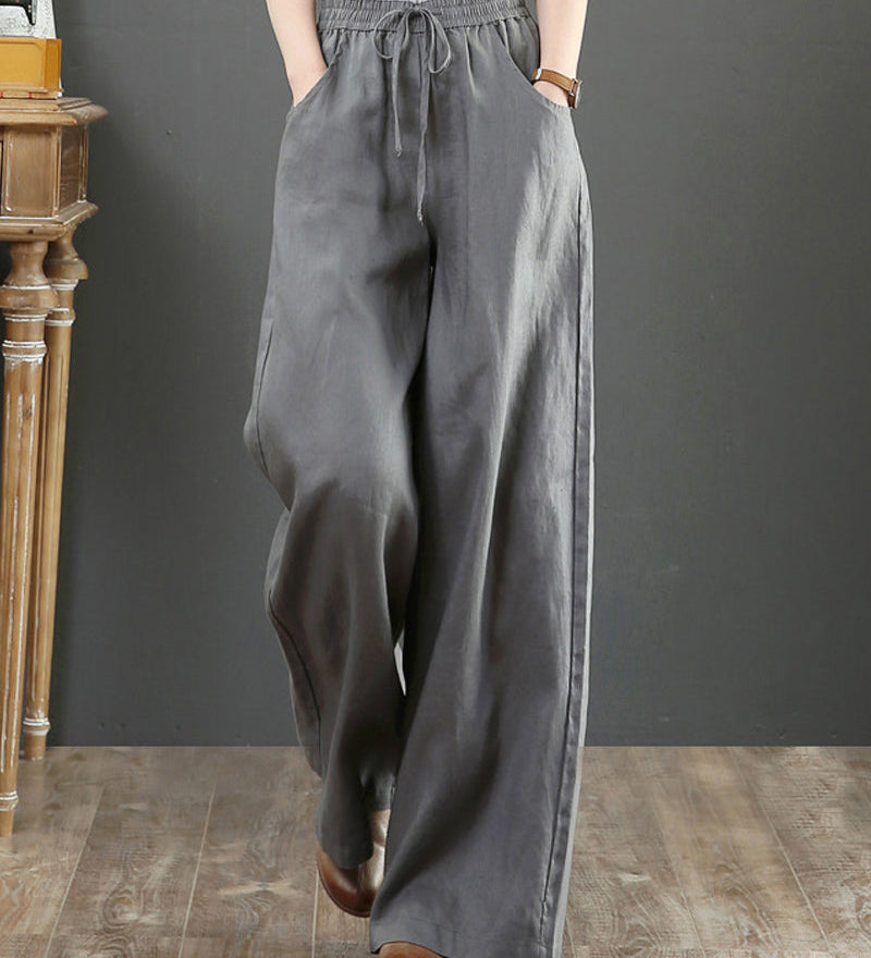 Pantalon large taille haute de couleur unie