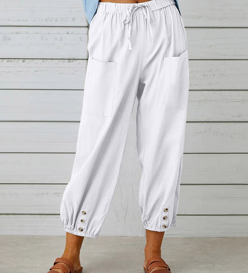 Pantalon taille haute bouton neuf points