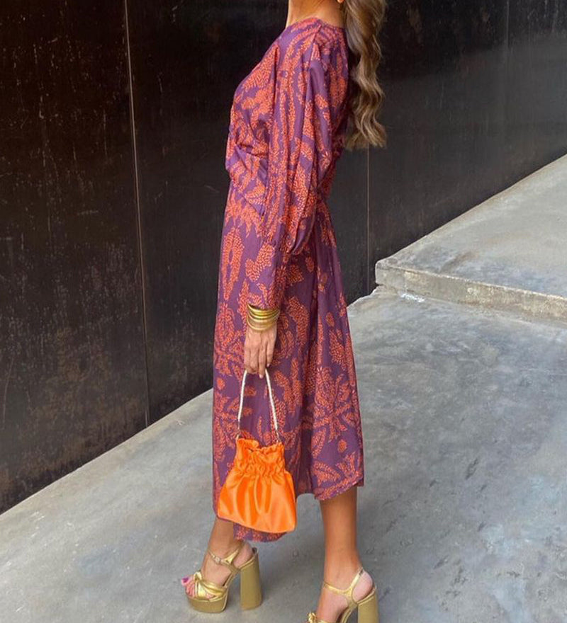 Robe élégante à manches longues et col en V imprimé vintage