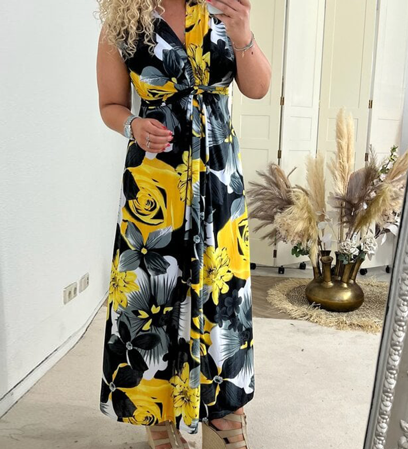 Robe élégante plissée sans manches à imprimé floral