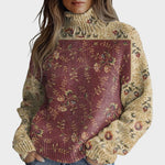 Pull col roulé beige à panneau bordeaux fleuri — Inès, LucieSaint-Tropez