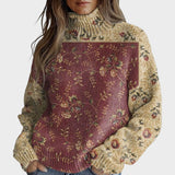 Pull col roulé beige à panneau bordeaux fleuri — Inès, LucieSaint-Tropez