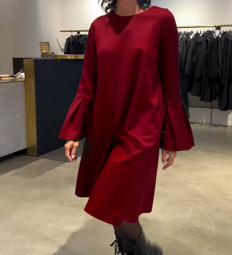 Robe Uni Manche Évasée Froncé